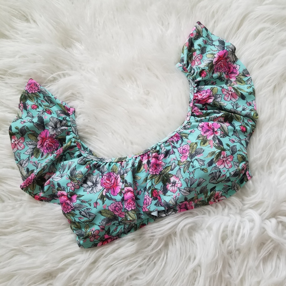 Blue C Women's Sz M Bikini Top Ruffled Shoulders Floral Pink Mint Green